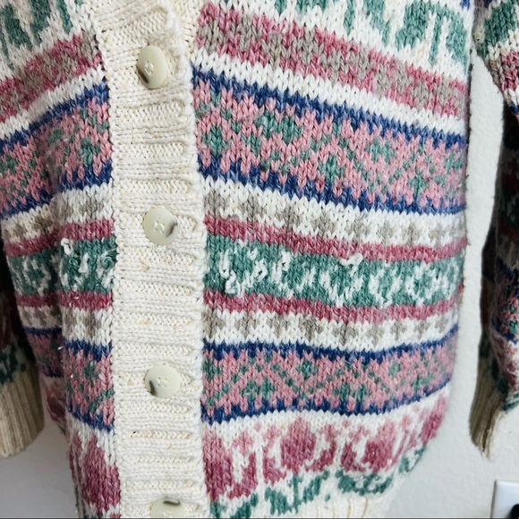 VTG Liz Sport Cream Pink & Light Green Chunky Button Up Cardigan Sweater - Picture 14 of 15